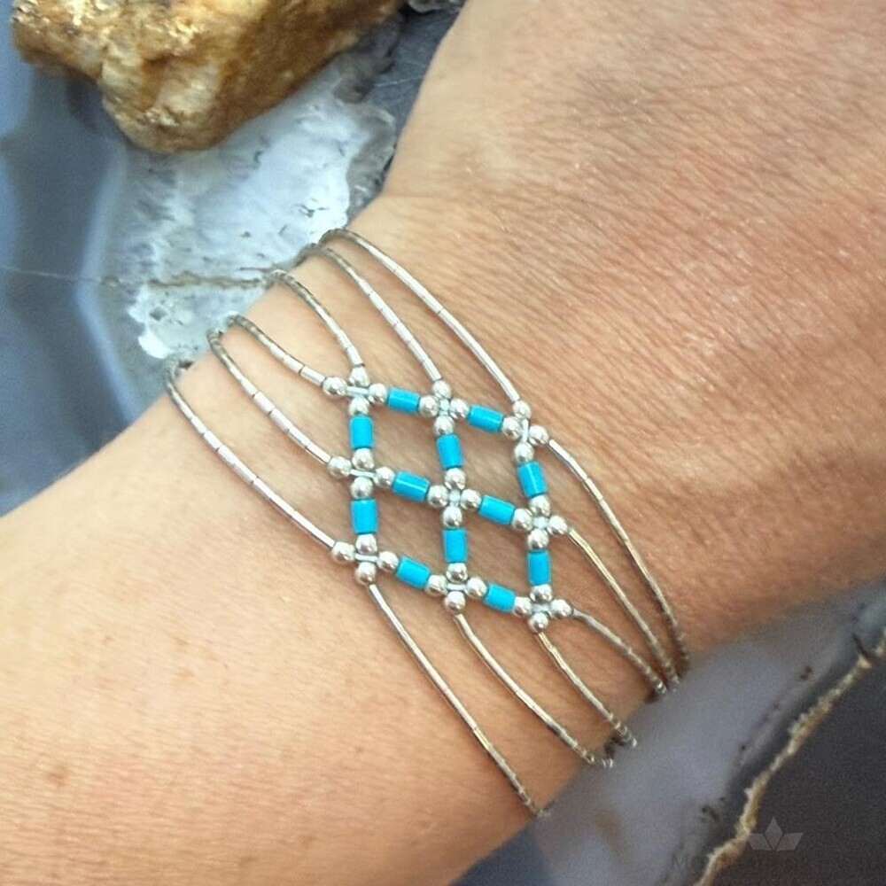 Sterling Silver Liquid Silver & Turquoise Woven Beaded 7" Bracelet For Women